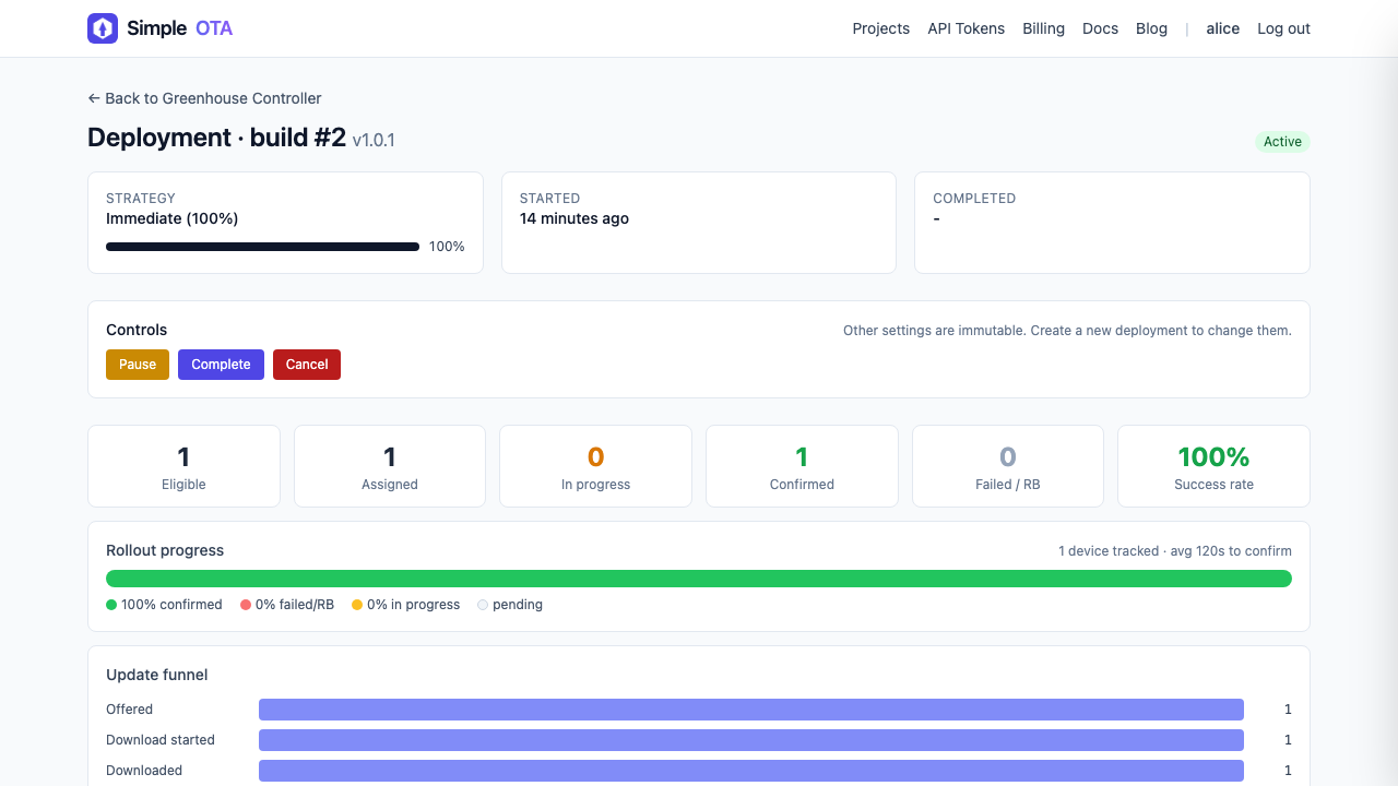 The SimpleOTA deployment view showing an ESP-IDF device confirmed on the new build.