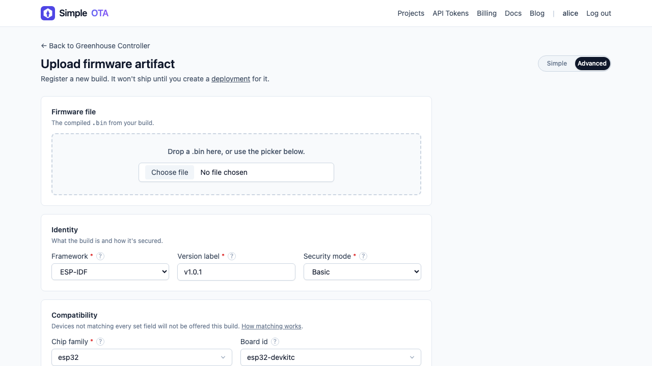 The SimpleOTA firmware upload form with an ESP-IDF build selected.