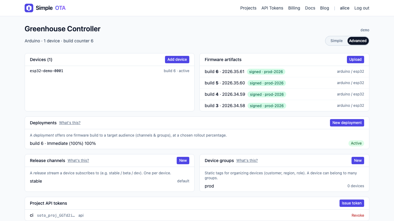 The SimpleOTA project page showing four signed firmware builds uploaded by CI, each labelled with its build number and a version like 2026.35.61.