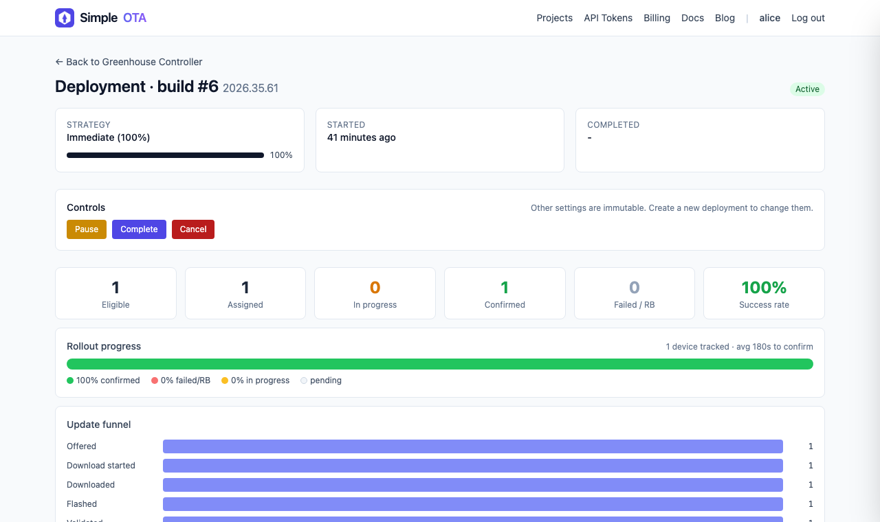 The SimpleOTA deployment view for build 6, showing one eligible device, one confirmed, a 100 percent success rate, and the update funnel from offered through validated.