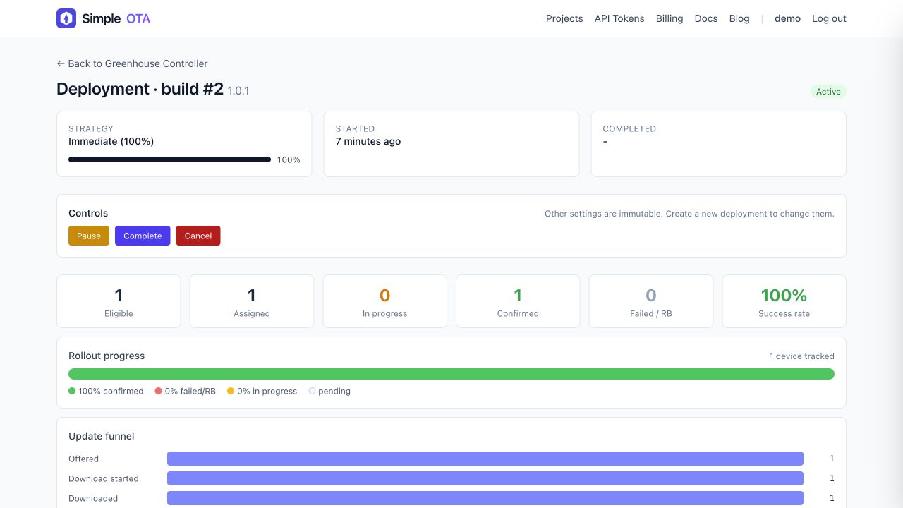 SimpleOTA deployment dashboard showing one confirmed ESP32 and a 100 percent success rate.