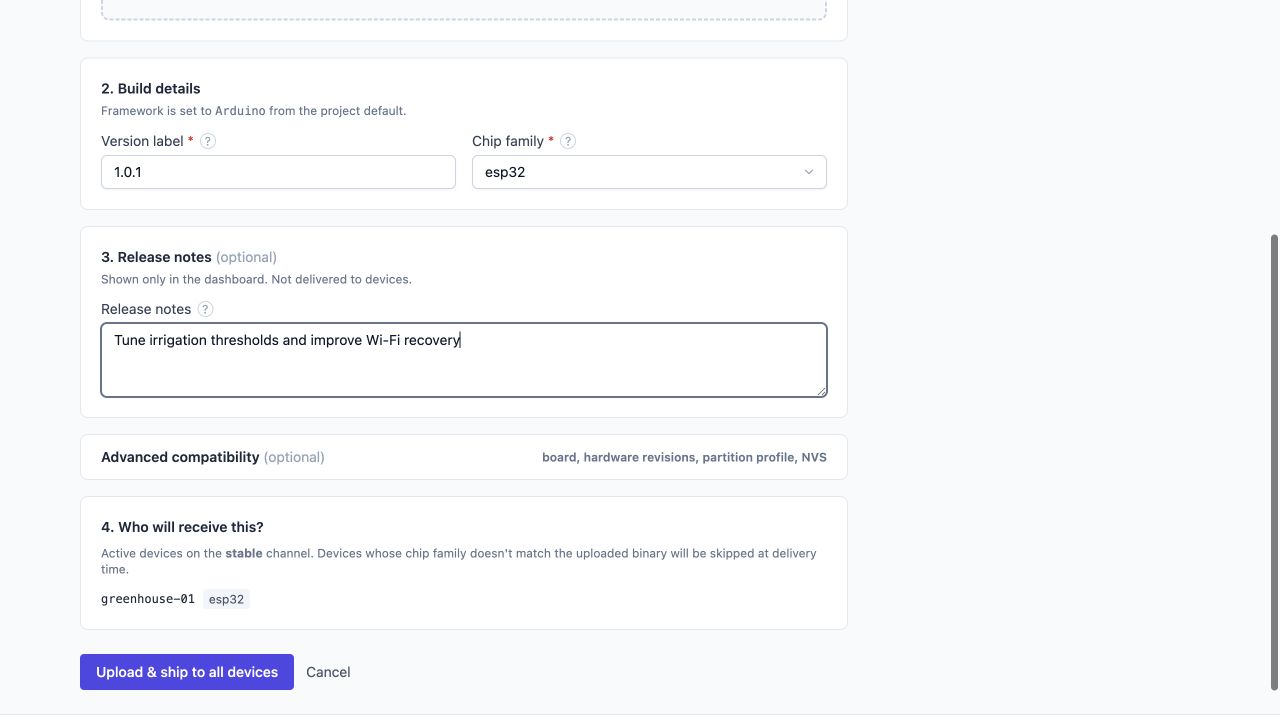 SimpleOTA firmware upload form filled with an ESP32 version label and release notes.